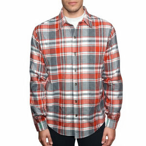 SRK Orange Grey White Plaid Long Sleeve‎ Button Up Warm Flannel Shirt Mens XL